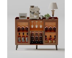 Vrijstaande wijnbarkast met wijnrek en ledverlichting, dressoir en buffetkast voor de keuken, koffiebar met glashouder en glazen deur voor de woonkamer en eetkamer.
