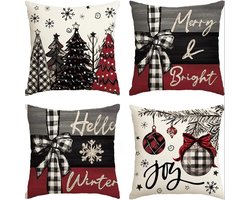 Vrolijk Kerstfeest Vreugde Kerstbomen Rode Sierkussenhoezen, 45 x 45 cm Kerst Winter Vakantie Kussenhoes Decoratie voor Bank Bank Set van 4