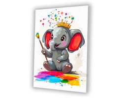 Vrolijke baby olifant met verf - Olifant muurdecoratie - Schilderijen canvas verfkwast - Digital Art - Landelijk schilderij - Kantoor accessoires - Canvas 30x45 cm