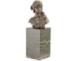 Vrouw Buste - Bronzen Beeld - Kunst Sculptuur - Marmer Sokkel - Borstbeeld Dame - Kunstwerk Decoratie - 7x7x23