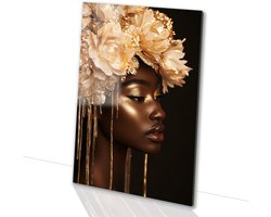 Vrouw glasschilderij - Bloemen - Goud - Afrikaanse vrouw - Decoratie huis - Interieur - Luxe - Muurdecoratie kantoor - Wanddecoratie slaapkamer - Acrylglas 80x120 cm