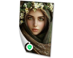 Vrouw met bloemenkrans en groene ogen - Portret muurdecoratie - Poster vrouw - Realisme - Wanddecoratie industrieel - Decoratie muur - poster 70x100 cm