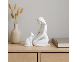 Vrouw met Kat Beeld – Witte Moderne Decoratie | Liefdevol Woonaccessoire