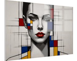 Vrouw Piet Mondriaan stijl schilderij - Abstract muurdecoratie - Wanddecoratie Piet Mondriaan - Schilderijen op glas industrieel - Plexiglas schilderijen - Decoratie woonkamer - 150 x 100 cm 5mm