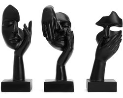 Vrouwengezicht Standbeeld Set - Moderne Kunst Sculpturen In Goud En Zwart (3 Stuks)