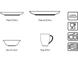 vtwonen - Basic - voor 4 Personen - Serviesset - Zwart - Porselein - Servies