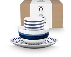 vtwonen - Beschilderde Ontbijtset - Ontbijtbord, Ontbijtkom, Mok zonder Oor - Blauw, Wit - Porselein - Serviesset van 3