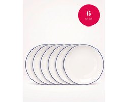 vtwonen - Borden - Dinerbord - Wit/Blauw Lijn - Set van 6 - Porselein - 25,5cm