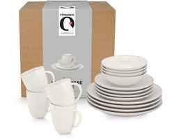 vtwonen Diner serviesset - Line - Ontbijtbord, Dinerbord, Ontbijtkom en Mok - Wit - 4 Persoons set