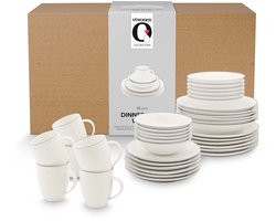 vtwonen Diner serviesset - Line - Ontbijtbord, Dinerbord, Ontbijtkom en Mok - Wit - 6 Persoons set
