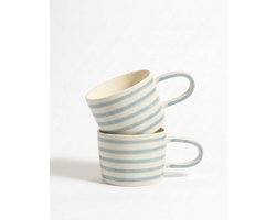 vtwonen - Mokken - Blauw - Strepen - Set van 2 - Keramiek - 350ml
