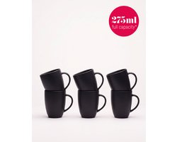 vtwonen - Mokken met oor - Mat zwart - Set van 6 - Porselein - 275 ml