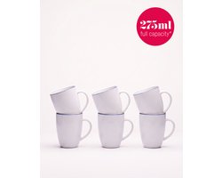 vtwonen - Mokken met oor - Wit / Blauwe lijn - Set van 6 - Porselein - 275 ml