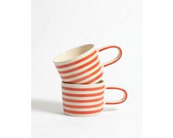 vtwonen - Mokken - Rood - Strepen - Set van 2 - Keramiek - 350ml