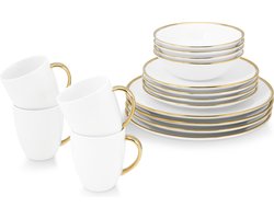 vtwonen - Serviesset - Servies - Wit - Goud - Porselein - 16-delige serviessets