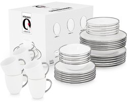 vtwonen Serviesset - Wit en Zilver - Porselein - 36-Delig, 6 personen - Eetservies volwassenen - Borden Set Servies - Serviezen - Kerstservies