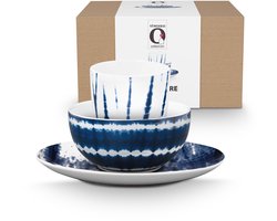 vtwonen - Tie-Dye Ontbijtset - Ontbijtbord, Ontbijtkom, Mok zonder Oor - Blauw, Wit - Porselein - Serviesset van 3