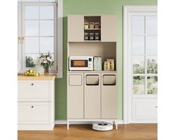 Vuilemmandkast - 80x35x181 Cm Wit/Licht Hout - Opbergkast Voor Prullenbak, Magnetron En Stofzuiger - Met Plaats Voor Stofzuigerrobot