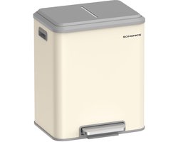 Vuilnisemmer voor keuken - Afvalscheidingssysteem 2 x 15 L - 2 vakken voor recycling en restafval - Afvalemmer met binnenemmer - Staal - Softclose deksel - Breed robuust pedaal - Zandbeige