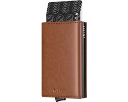 VULKIT Credit Card Holder with Banknote Compartment RFID Blocking Leather Card Wallet with ID Window for Men or Women, Brown, Minimalist