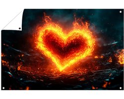 Vurige hartvorm in vlammen - Vuur tuinposter - Tuinschilderijen hart - Digital Art - Tuinaccessoires - Tuin decoratie wanddecoratie - Tuinposter 150x100 cm