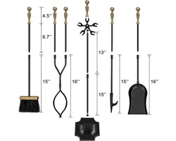 Vuurkorf 5 Stuks Haard Gereedschap Sets - Messing Handgrepen - Smeedijzeren Set en Houder - Indoor Outdoor Fireset - Vuurkorf Stand - Rustieke Tang Schop Borstel Schoorsteen - Poker Houtkachel Haard Accessoires