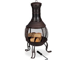 Vuurkorf Aztekenkachel pookhaak houten rooster vonkscherm tuin-terras antieke terrasoven hoogte 89 cm goud 89 x 45 x 45 cm met grillrooster
