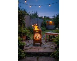 Vuurkorf Levensboom Cortenstaal met Grillrooster – Handgemaakte Vuurton voor Tuin & Terras – 38,6 x 38,6 x 75,3 cm – Roestpatina
