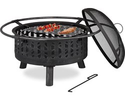 vuurkorf - met vonkenscherm en bbq rooster - Ø 75 cm - vuurschaal buiten - zwart