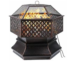 Vuurkorf voor buiten - Vuurschaal met Grillrooster en Vonkbeschermer - Duurzaam Staal, Groot Formaat voor Tuin en Patio - 66cm diagonaal