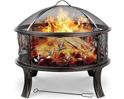 Vuurkorf - Vuurschaal - BBQ Grill - Schaal - met Vonkenscherm – Ø71 cm - Retro Vuurbak met Pook en Houtskoolrooster - Stabiele Buitenhaard voor Verwarming en BBQ Bonfeu - Zwart