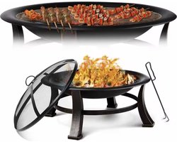 Vuurschaal - BBQ - Vuurtafel - Vuurkorf - BBQ rooster - 2in1 - Outdoor vuurschaal - Pook - Draagbaar - Zwart