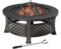 Vuurschaal - Ronde Vuurkorf - Vuurtafel - met Vonkenscherm, Pook - voor Buiten, BBQ, Camping - Tuin en Terras- Staal - Ø 81 x 50 cm - Zwart