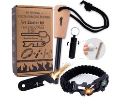 Vuurstaal Outdoor Set - Ferrocerium Vuursteen met Kienspan en Paracord Armband - Survivalkit voor Kamperen en Avontuur