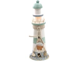 Vuurtoren beeldje met LED licht - Hout - 10 x 30 cm - wit/mintgroen - Maritieme woon decoraties