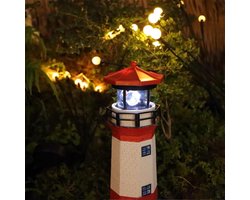 Vuurtoren Decoratief Licht - Tuin Ornament - Buiten Verlichting - Zonne-energie Aangedreven - 27 cm Hoog - Rood