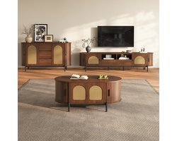 VVBV 3-delige Woonkamerset Nussbaumlook – TV-Meubel 200 cm, Dressoir, Salontafel, Rattanlook Schuifdeuren