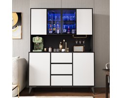 VVBV Bar-/Drankkast - 120 x 40 x 160 cm, Zwart-Wit, met 3 Lades en 4 Deuren, LED-Verlichting, App-bediening, Glazen Vakken