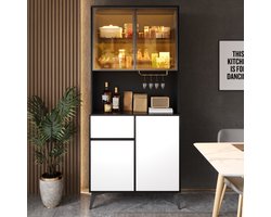 VVBV Bar-/Drankkast - 80 x 40 x 180 cm, Zwart-Wit, met 1 Lade en 4 Deuren, LED-Verlichting, App-bediening, Glazen Vakken