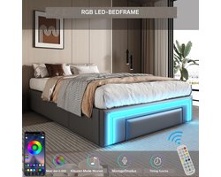 VVBV Eenpersoonsbed 90x200 cm - LED-Verlichting, Lades en Hoofdbord, Voor Slaapkamer/Gastenkamer - Metaal/PU-leer Grijs