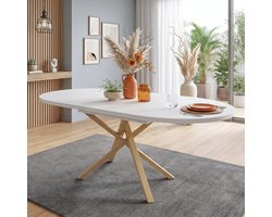 VVBV Eettafel 140x100x76 cm - Uitschuifbaar, Rond, 4-6 Personen, Stabiel Metalen Frame - Wit, MDF
