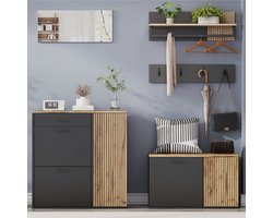 VVBV Garderobeset 5-in-1 met Spiegel – 2x Schoenenkast en Kapstok met 4 Haken en Wandplank – Halmeubel met Lade en Opbergruimte – Zwart met Hout Bruin 85/80 cm