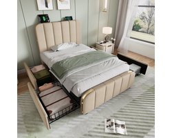 VVBV Gestoffeerd Bed met Opbergruimte 90x200 cm met Hoofdbord, USB-C - 4 Lades - Linnen Beige/Goud - Zonder Matras