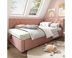 VVBV Gestoffeerd Daybed Slaapbank 90x190 cm met Opbergruimte onder Bed, Fluwelen Kinderbed Tienerbed met Lattenbodem, Roze