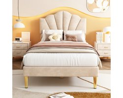 VVBV Gestoffeerd Eenpersoonsbed 90x200 cm - Lattenbodem, Schelphoofdbord, Houten Lattenbodem - Hout/Metaal Beige/Goud