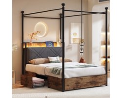 VVBV Hemelbed 90x190 cm - Opbergruimte, LED-Verlichting, USB-C, Huisdesign, Voor Kinderen/Tieners, 2 Lades - Metaal