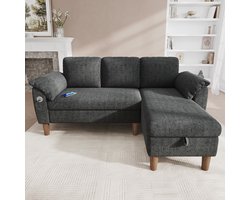 VVBV Hoekbank 181x125x88 cm - Opbergruimte, Modulair, USB-C, Chenille, Met Hocker - Donkergrijs, Chenille