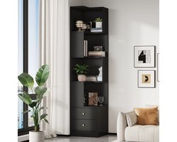 VVBV Hoekkast 45x43.5x180 cm - Hoekmodel, Opbergruimte, LED-Verlichting, Met Lades - Zwart, MDF