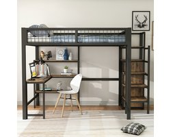 VVBV Hoogslaper 140x200 cm met Bureau en Kledingkast, Metalen Bed met Opbergruimte en Planken, Zwart/Bruin
