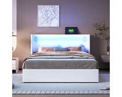 VVBV Hoogslaper 140x200 cm - Opbergruimte, LED-Verlichting, USB, Lattenbodem, Bluetooth/Luidsprekers - PU-leer Wit/Blauw